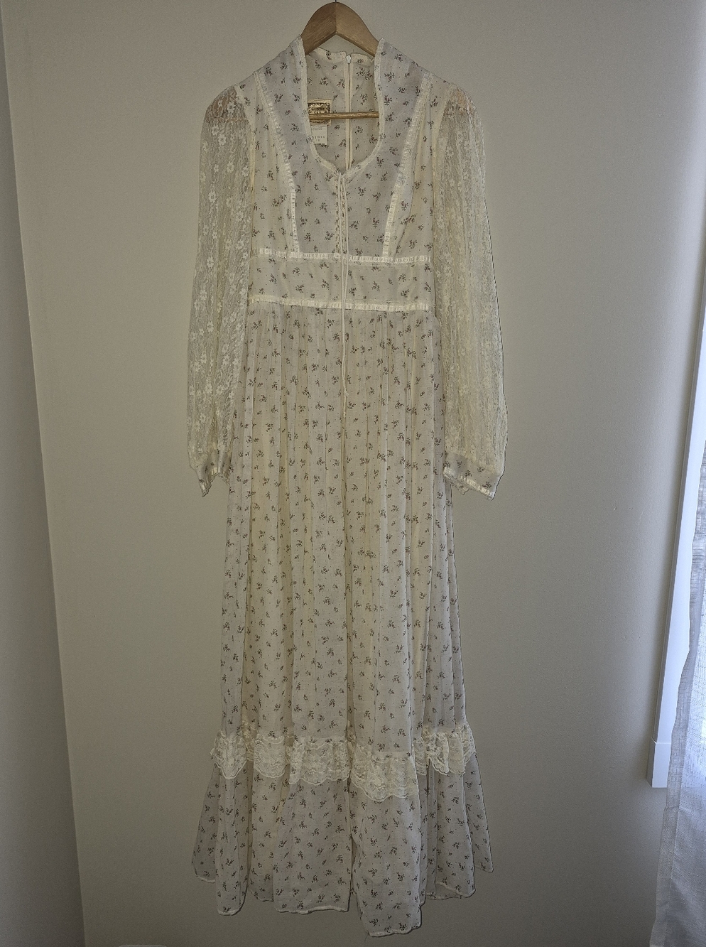 Gunne Sax Cream Floral Lace Prairie Maxi Dress Vintage Cottage Core